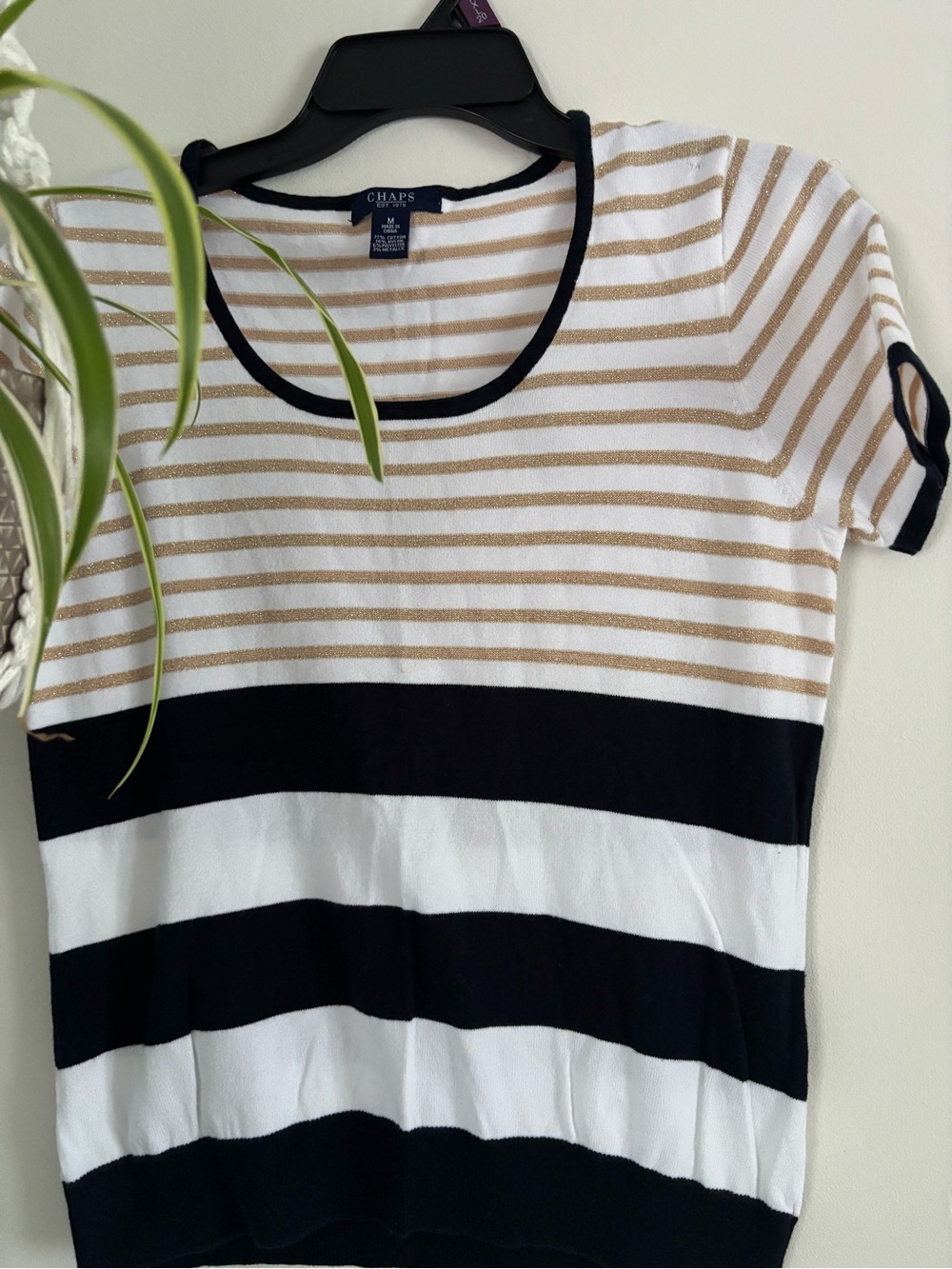 Chaps Short Sleeve Striped Knit Top in Black, White & Tan